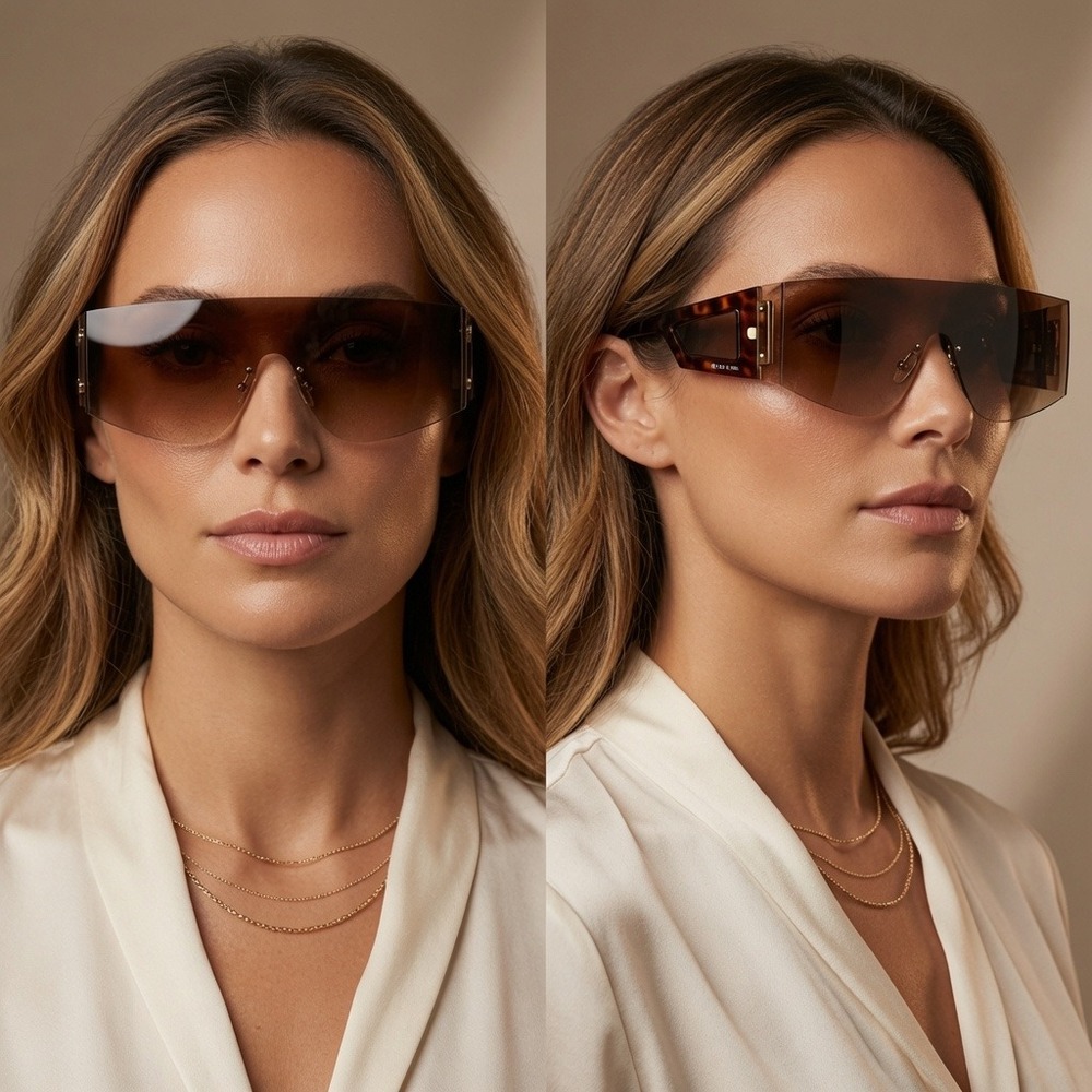 Women Brown Gradient Oversized Shield Sunglasses Futuristic Rimless Visor Trendy